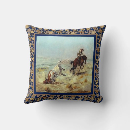 雄牛の青をロープをかけているヴィンテージの西部のカウボーイ クッション (裏面)