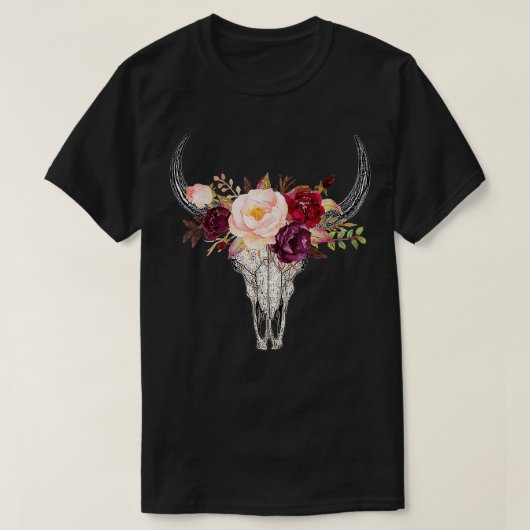 雄牛スカルの花かわいい Tシャツ (デザイン正面)
