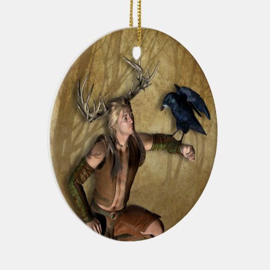雄鹿およびワタリガラスのパーソナライズな円形のオーナメント セラミックオーナメント (右)
