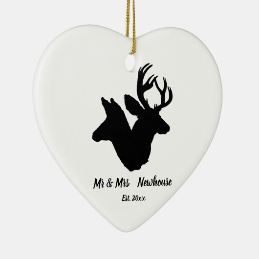 雄鹿および雌ジカは名前および日付のシルエットを描きましたり、加えます セラミックオーナメント (右)