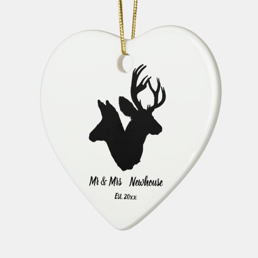 雄鹿および雌ジカは名前および日付のシルエットを描きましたり、加えます セラミックオーナメント (左)