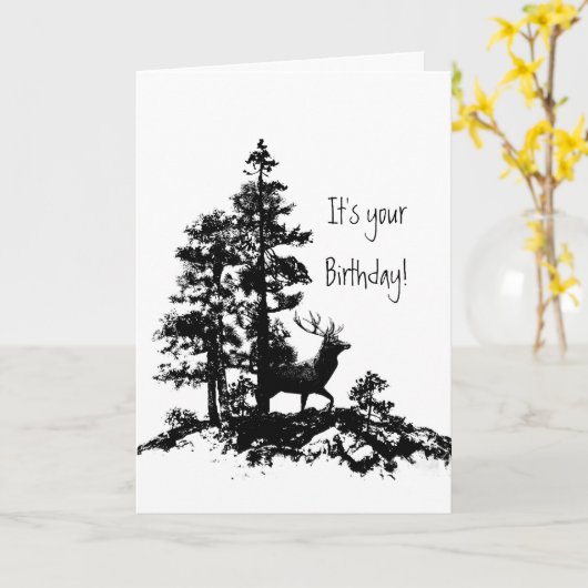 雄鹿のシカの木の森林動物の男らしい誕生日 カード (黄色い花)