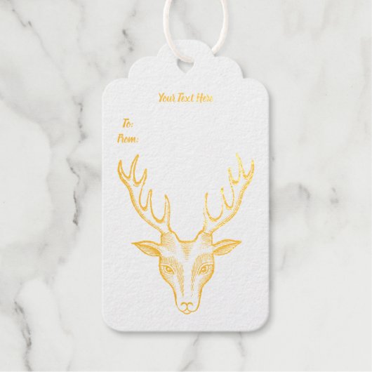 雄鹿ビッグ〔雄ジカの〕枝角顔の概要金箔 ギフトタグ (正面)