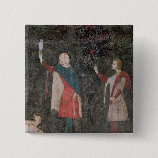 雄鹿部屋からの2人のファルコナーの詳細、 缶バッジ (正面)