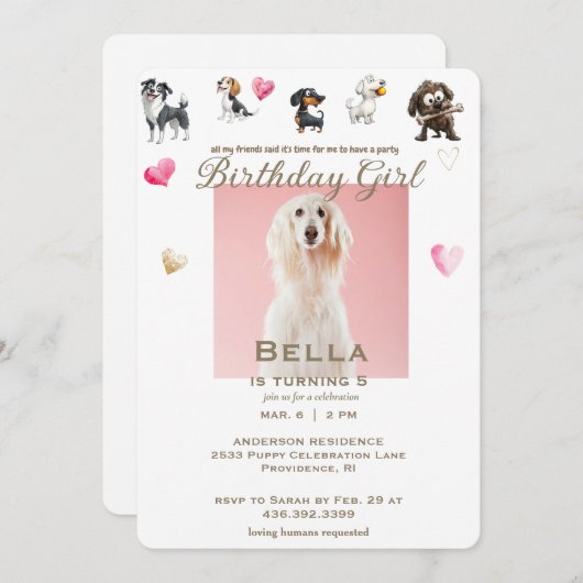 雌おもしろい犬ペットフォトハート誕生日パーティー 招待状 (正面/裏面)