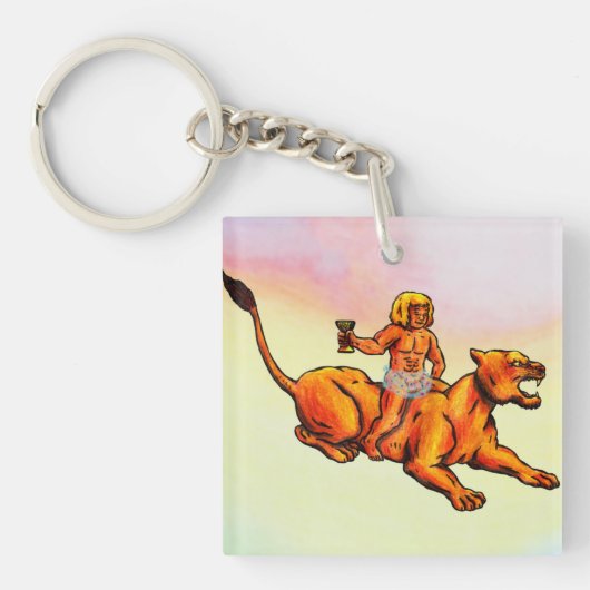 雌ライオンに乗ってワインを飲む若いバッカス キーホルダー (正面)