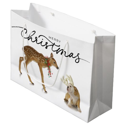 雌牛とブルドッグを備えたメリークリスマス抱き枕 ラージペーパーバッグ (正面アングル)