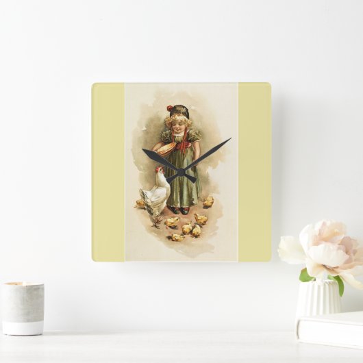 雌鶏およびひよこを食べ物を与えているヴィンテージの女の子農場の時計 スクエア壁時計 (ホーム)