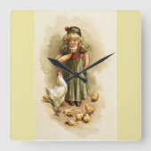 雌鶏およびひよこを食べ物を与えているヴィンテージの女の子農場の時計 スクエア壁時計 (正面)