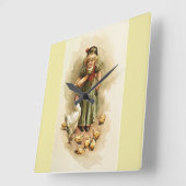 雌鶏およびひよこを食べ物を与えているヴィンテージの女の子農場の時計 スクエア壁時計 (傾斜)