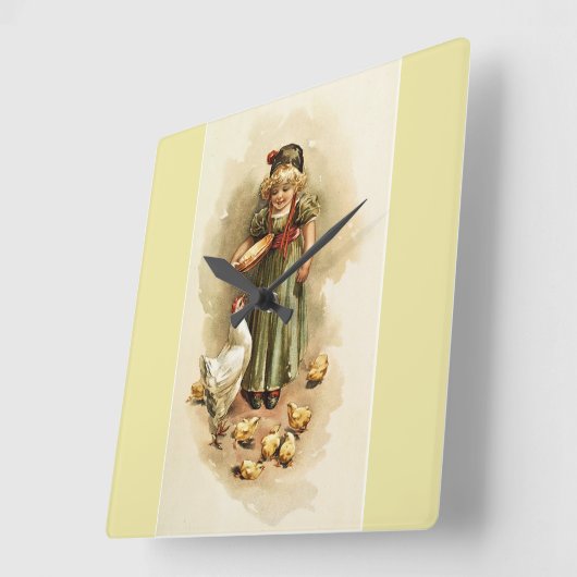 雌鶏およびひよこを食べ物を与えているヴィンテージの女の子農場の時計 スクエア壁時計 (傾斜)