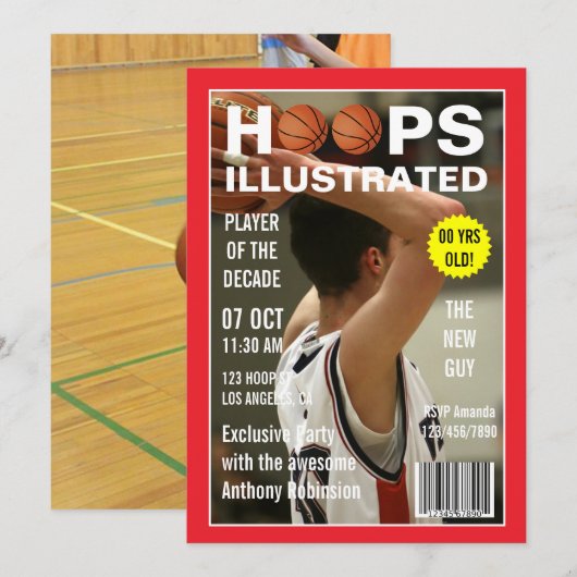 雑誌の有名人バスケットボール誕生日パーティーの写真 招待状 (正面/裏面)