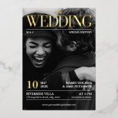 雑誌編集新聞結婚の写真金ゴールド 箔招待状 (正面)