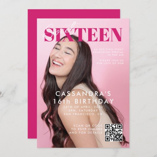 雑誌表紙10代のQRコードSweet sixteen誕生日 招待状 (正面/裏面)