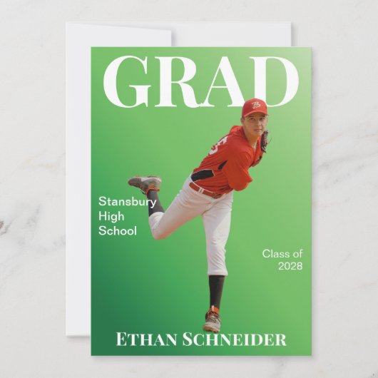 雑誌風卒業おめでとうグリーンとホワイトの発表 招待状 (正面)