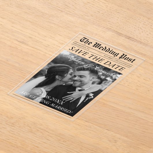 雑誌Editorial Newsletter結婚式の日付を保存 アクリル招待状 (レイダウン)