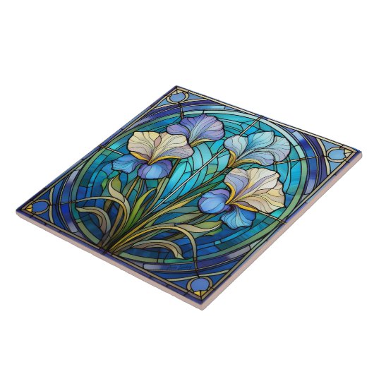 離れフローラアイリスアールヌーボーブルーグリーンレトロ タイル (側面)