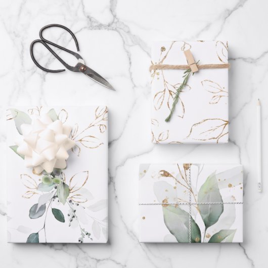 離れ葉植物性金ゴールド水彩色 ラッピングペーパーシート (正面)