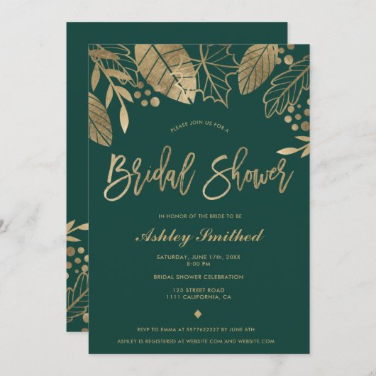 離れ金ゴールドエメラルドグリーンモダンブライダルシャワー 招待状 (正面/裏面)