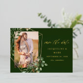 離れ金ゴールド&ユーカリV写真Save the Date Gre 箔招待状 (立ち正面)