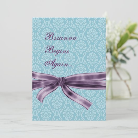 離婚のお祝いの-青および紫色のダマスク織 招待状 (スタンド正面)