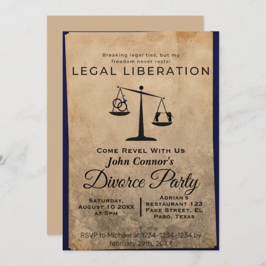 離婚パーティー招待状:法的解放 招待状 (正面/裏面)