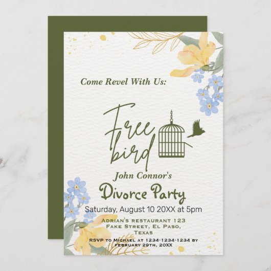 離婚パーティー招待状:自由ユーモアのある鳥 招待状 (正面/裏面)