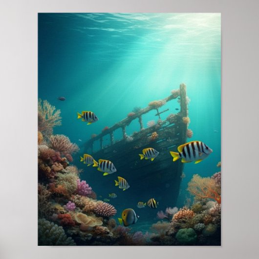 難破船とカラフルな魚 ポスター (正面)