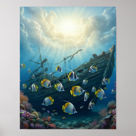難破船と美しいサンゴ礁の魚 ポスター (正面)