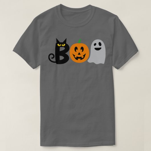 難色のグレーのハロウィンと黒猫の幽霊 Tシャツ (デザイン正面)