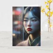 雨かわいらしを眺めるアジアの女性 カード (黄色い花)