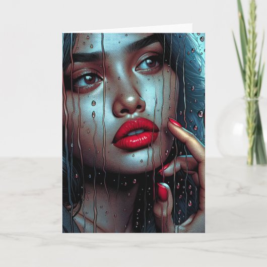 雨かわいらしを見ているヒスパニックな女性 カード (正面)