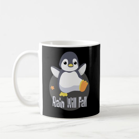 雨が秋かわいいおもしろいベビーペンギン幸せ コーヒーマグカップ (左)
