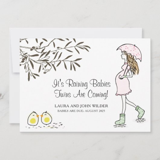 雨が降っているベビーピンクの傘ママ妊娠 案内状 (正面)