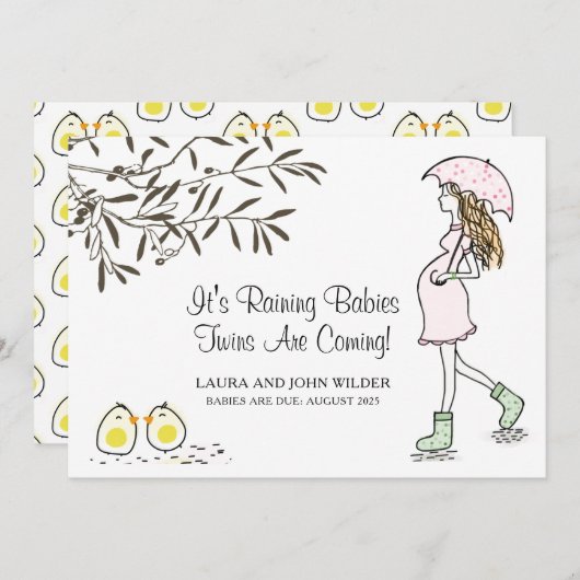 雨が降っているベビーピンクの傘ママ妊娠 案内状 (正面/裏面)