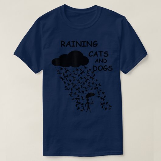雨が降っている猫と犬おもしろいデザイン Tシャツ (デザイン正面)