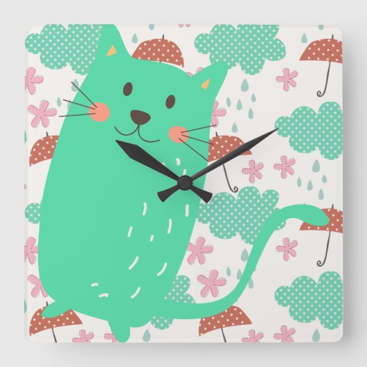雨が降っている猫 スクエア壁時計 (正面)
