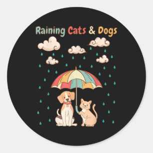 雨が降る猫と犬のイディオム_かわいい子猫子犬 ラウンドシール
