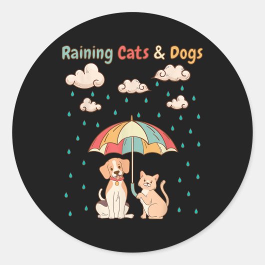 雨が降る猫と犬のイディオム_かわいい子猫子犬 ラウンドシール (正面)