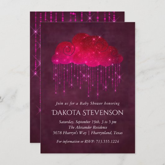 雨きらめく雲 |濃いピンクの赤ちゃんシャワー 招待状 (正面/裏面)