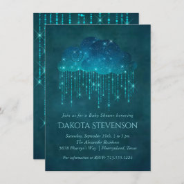 雨きらめく雲 | Moodyティール(緑がかった色)ベビーシャワー 招待状