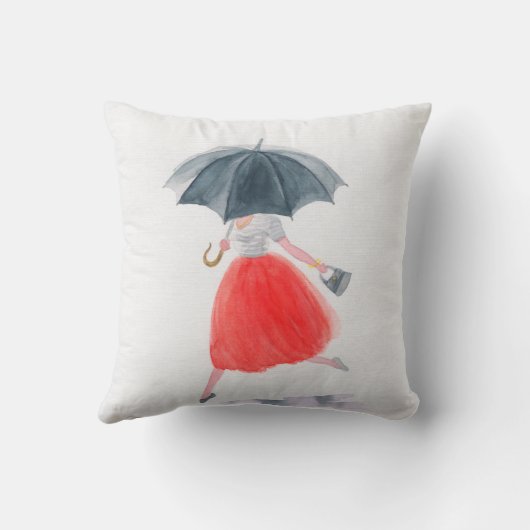 雨に傘を差した女の子。ファッションイラストレーション。  クッション (裏面)