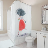 雨に傘を差した女の子。ファッションイラストレーション。  シャワーカーテン (インサイチュ)