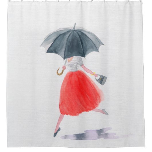 雨に傘を差した女の子。ファッションイラストレーション。  シャワーカーテン (正面)