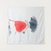 雨に傘を差した女の子。ファッションイラストレーション。  タペストリー (正面(横))