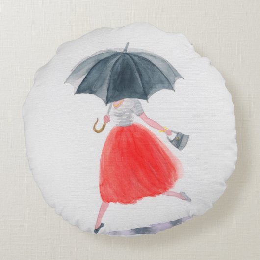 雨に傘を差した女の子。ファッションイラストレーション。  ラウンドクッション (裏面)