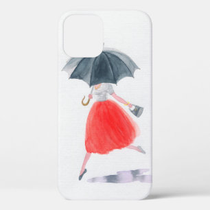 雨に傘を差した女の子。ファッションイラストレーション。  iPhone 12ケース