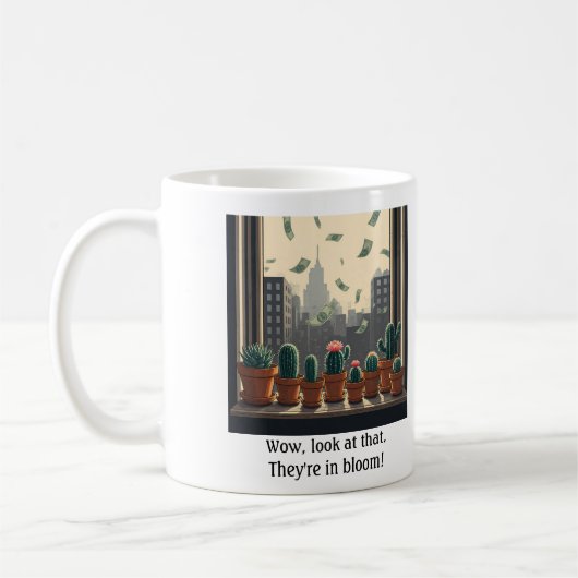 雨のお金の窓敷居サボテンのマグ コーヒーマグカップ (左)