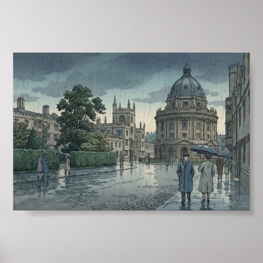 雨のオックスフォード大学 浮世絵風 ポスター (正面)