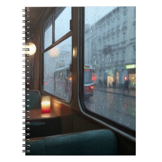 雨のカフェの窓からの路面電車の旅ノート ノートブック (正面)